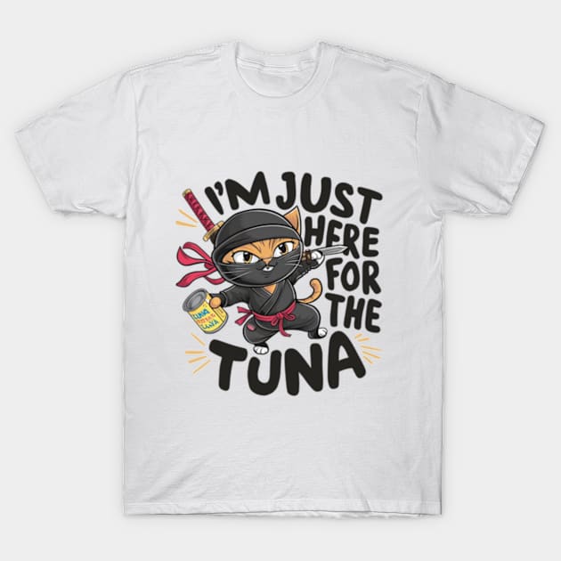 One design features a sneaky ninja cat with a katana in one hand and a can of tuna in the other. (5) T-Shirt by YolandaRoberts